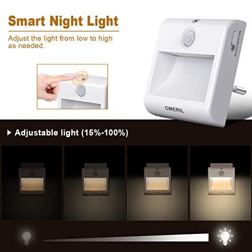 Luz Nocturna con Sensor de Movimiento, OMERIL 2 Pack Luz Nocturna Infantil Enchufe con 3 Modos (AUTO/ON/OFF), Brillo Ajustable, Luz de Noche para Dormitorio, Escalera, Pasillo, Cocina, Sala, Baño