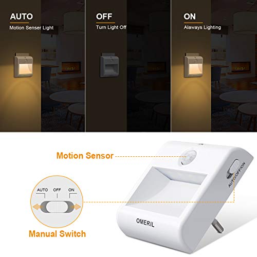 Luz Nocturna con Sensor de Movimiento, OMERIL 2 Pack Luz Nocturna Infantil Enchufe con 3 Modos (AUTO/ON/OFF), Brillo Ajustable, Luz de Noche para Dormitorio, Escalera, Pasillo, Cocina, Sala, Baño