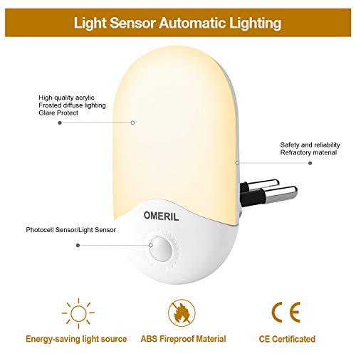 Luz Nocturna Infantil (2 Pack) OMERIL Luz Noche con Luz Sensor, Luz Quitamiedos Infantil con Enchufe Pared, Ahorro de Energía para Habitación Bebé, Niños, Dormitorio, Sala, Pasillos, Baño, Cocina