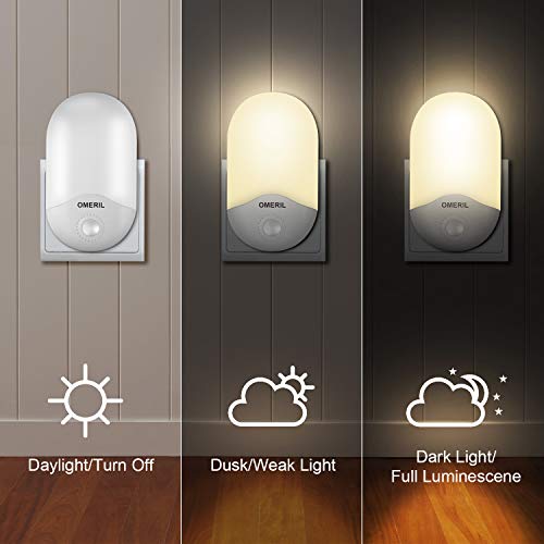 Luz Nocturna Infantil (2 Pack) OMERIL Luz Noche con Luz Sensor, Luz Quitamiedos Infantil con Enchufe Pared, Ahorro de Energía para Habitación Bebé, Niños, Dormitorio, Sala, Pasillos, Baño, Cocina