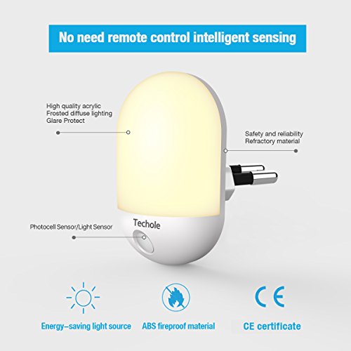 Luz Nocturna Infantil, Techole Lampara Nocturna Enchufe con Sensor de Luz Automático, Luz Quitamiedos Infantil para Niños, Habitación Bebé, Dormitorio, Sala, Garaje, Baño, Pasillos, Cocina