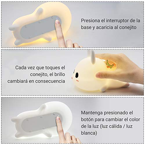 Luz Nocturna Niños,LED Lámpara de Noche Bebé de Conejo con Brillo Ajustable/Interruptor Táctil/USB Regargable/Modo de cronometraje/Regalo de Cumpleaños y Fiestas