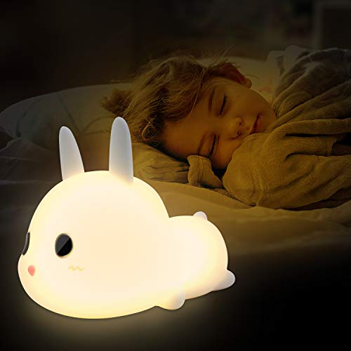 Luz Nocturna Niños,LED Lámpara de Noche Bebé de Conejo con Brillo Ajustable/Interruptor Táctil/USB Regargable/Modo de cronometraje/Regalo de Cumpleaños y Fiestas
