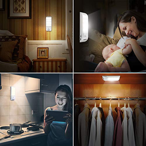 Luz Nocturna, OMERIL Luces LED Armario con Sensor Movimiento (2PCS con 24 LED), Lámpara Nocturna Recargable con 3 Modos, Luz Cálida para Armario, Pasillo, Escalera, Sótano, Cocina, Garaje, Gabinete