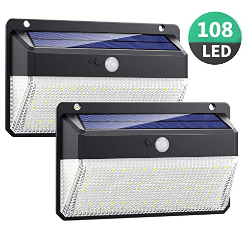 Luz Solar Exterior 108LED, Kilponen Foco Solar Exterior con Sensor de Movimiento Lámpara Solar Impermeable Gran Ángulo 270º de Iluminación Luces Solares Jardín 2200mAh y 3 Modos Inteligentes 2-Paquete