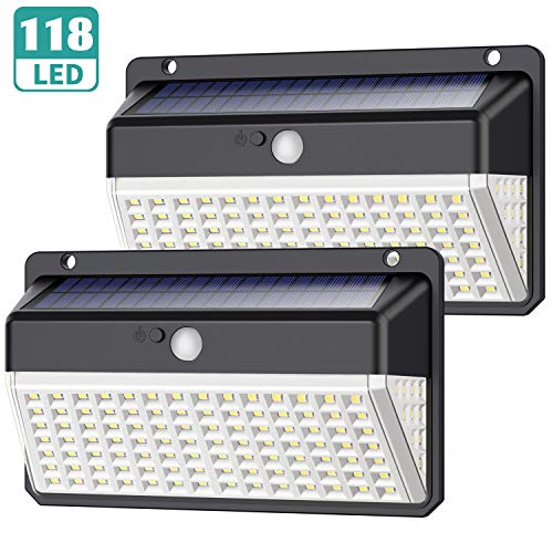 Luz Solar Exterior 118 LED, Yacikos [Nueva Versión de Ahorro de energía Verde -1000LM] Foco Solar Exterior con Sensor de Movimiento, Luces Solares Jardín 2200mAh Lámpara Solar Impermeable -2 Piezas