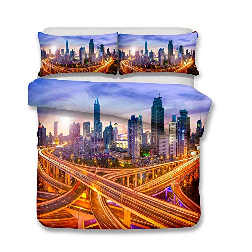 LWQ Juego de Ropa de Cama Funda nórdica,Conjunto de Funda nórdica HD con Vista Nocturna de Paisaje de la Ciudad, Cielo de la Tarde Atardecer Nublado en la Ciudad, Juego de Ropa de Cama con Foto de ar