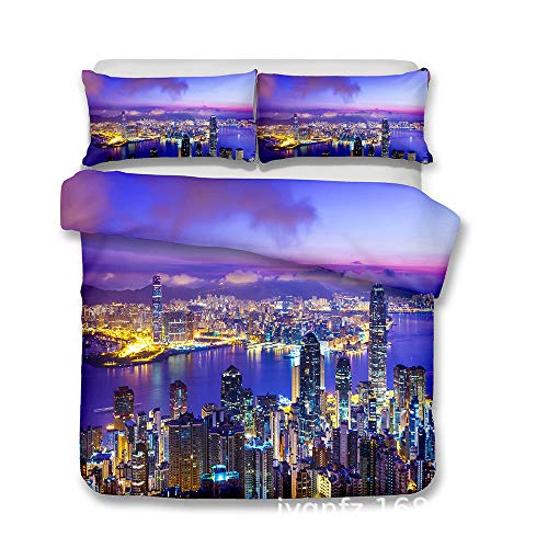 LWQ Juego de Ropa de Cama Funda nórdica,Conjunto de Funda nórdica HD con Vista Nocturna de Paisaje de la Ciudad, Cielo de la Tarde Atardecer Nublado en la Ciudad, Juego de Ropa de Cama con Foto de ar