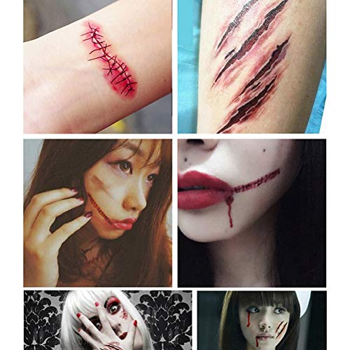 LXJ Horror de Halloween Divertido Tatuaje Pegatinas Cicatrices Falsas Publicado simulación Cuchillo Cicatrices Publicado Falsas Etiquetas engomadas de la Herida Puntales Maquillaje