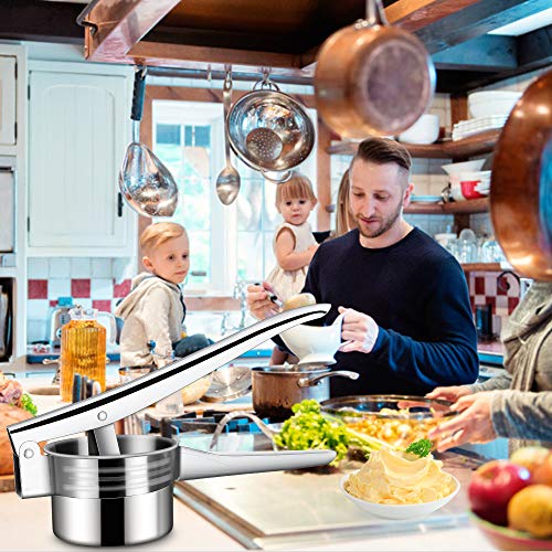 Machacador de Patatas, HICOO Prensa Patatas Pasapures Acero Inoxidable con 3 Discos de Repuesto, Machacador de Papas Multipropósito para Puré de Papas, Comida para Bebé, Jugo, Exprimir Limón