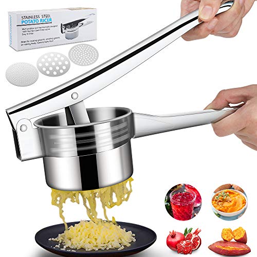 Machacador de Patatas, HICOO Prensa Patatas Pasapures Acero Inoxidable con 3 Discos de Repuesto, Machacador de Papas Multipropósito para Puré de Papas, Comida para Bebé, Jugo, Exprimir Limón