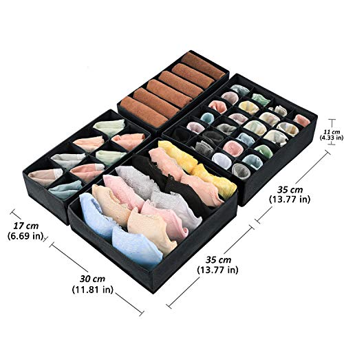 Magicfly Set de 4 Organizadores de Cajones, Organizadores de Ropa Interior Sujetadores Calzoncillos Bragas, Cajas Organizadoras de Tela Plegables, Separadores de Cajones, Negro