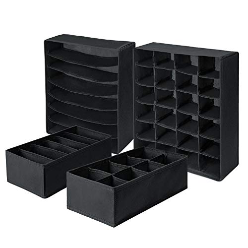 Magicfly Set de 4 Organizadores de Cajones, Organizadores de Ropa Interior Sujetadores Calzoncillos Bragas, Cajas Organizadoras de Tela Plegables, Separadores de Cajones, Negro