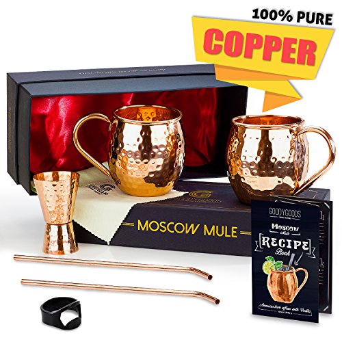 Magnífico Moscow Mule tazas de cobre: Hacer cualquier bebida sabor mucho mejor. 100% cobre puro juego de 2 tazas, 2 pajitas, libro de recetas, instrucciones de limpieza y gamuza de limpieza.