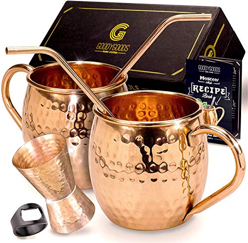 Magnífico Moscow Mule tazas de cobre: Hacer cualquier bebida sabor mucho mejor. 100% cobre puro juego de 2 tazas, 2 pajitas, libro de recetas, instrucciones de limpieza y gamuza de limpieza.