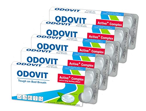 Mal aliento - ODOVIT te ayuda: 5x pastillas para la higiene bucal de 10 unidades - Fuerte contra la halitosis - para un aliento fresco y duradero