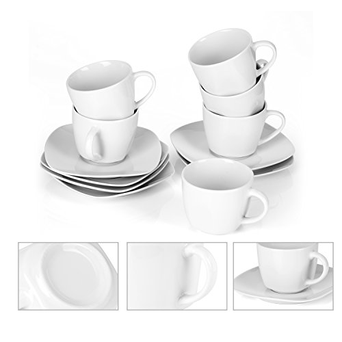 MALACASA, Series Elisa, 12 Piezas Juegos de Cafe de Porcelana 6 Tazas y 6 Platillos servicios de cafe para 6 Personas