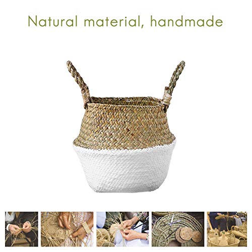 Mallalah Cesta de Almacenamiento Cesta de Mimbre de Flor Cesta de Lavandería Plegable Trenzada Suciedad en Mango de Pasto Marino 3 Tamaños para Elegir (blanco, S)