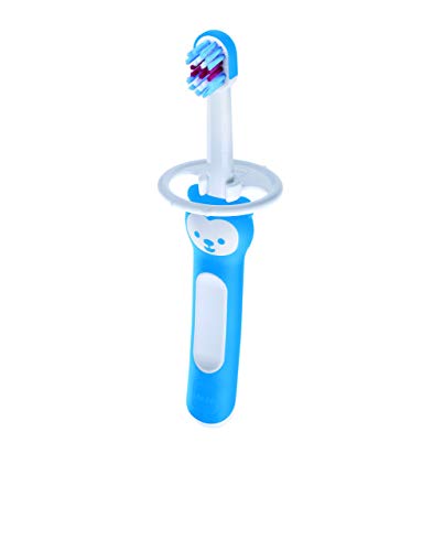 Mam Baby's Brush - Juego de 2 cepillos de dientes para bebé con anillo de seguridad, mango corto específico para dientes de leche, 6 + meses, azul - 60 g