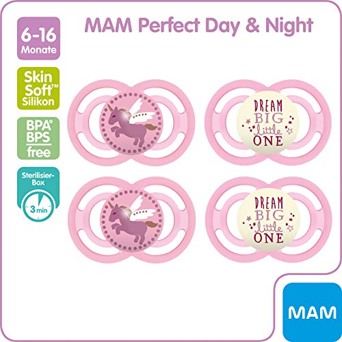 MAM - Juego de 4 chupetes Day & Night: 2 MAM Perfect y 2 MAM Perfect Night, fomentan el desarrollo natural de dientes y mandíbula, luminosos y con caja para chupete