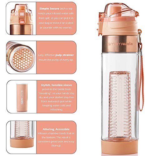 Mami Wata botella de agua con infusor de frutas – Caja de regalo – Único diseño elegante – libre agua con infusión de frutas recetas eBook y aislante funda – martillo, Rose gold