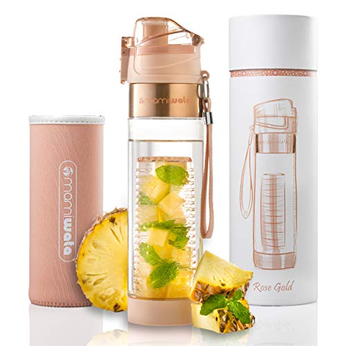 Mami Wata botella de agua con infusor de frutas – Caja de regalo – Único diseño elegante – libre agua con infusión de frutas recetas eBook y aislante funda – martillo, Rose gold