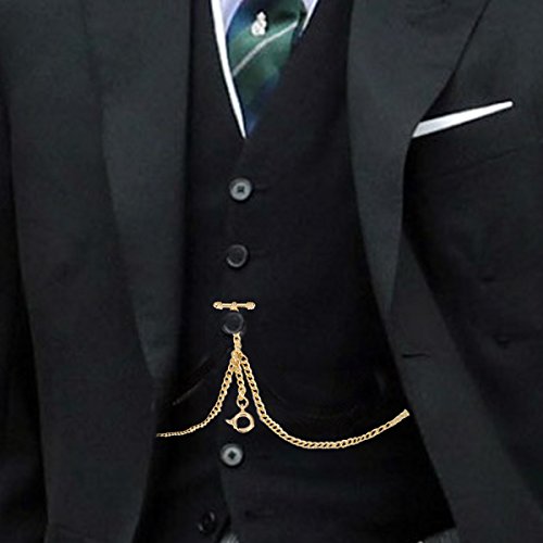 ManChDa Único Oro Doble Albert T-Bar Cadena de Reloj de Bolsillo de 16 Pulgadas con Gancho 3 para Hombres Mujeres