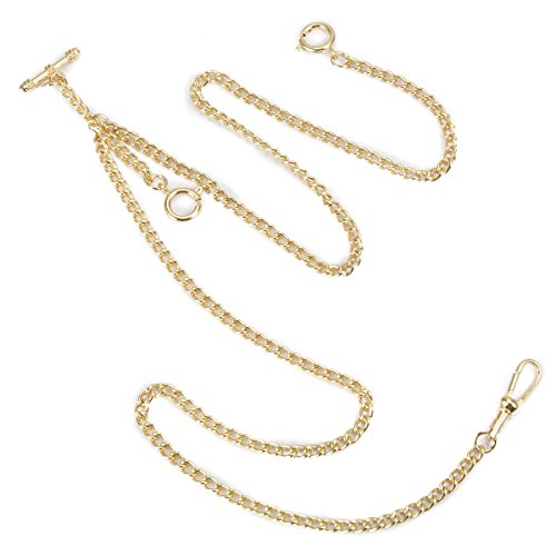 ManChDa Único Oro Doble Albert T-Bar Cadena de Reloj de Bolsillo de 16 Pulgadas con Gancho 3 para Hombres Mujeres