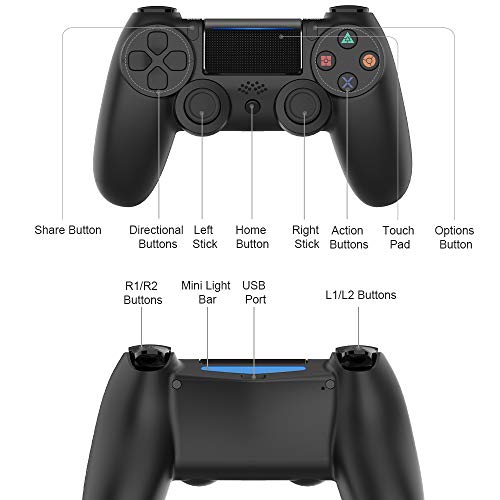 Mando para PS4, Control con Cable para PS4 - Gamepad Control para PS4/PC/Laptop con Motores de vibración, Indicador LED, Cable USB y Agarres Atideslizantes (Negro Mate)