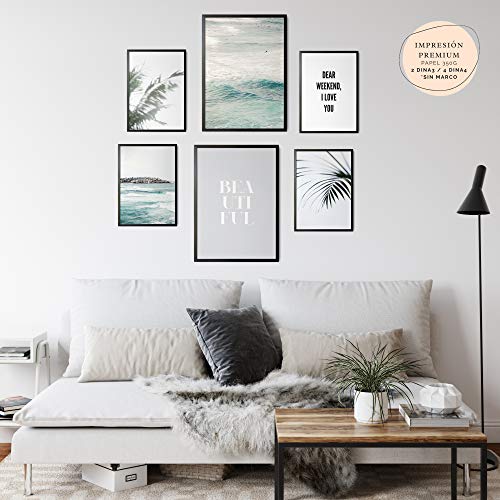 Mapa Mundi Láminas Decorativas para salón, Comedor, habitación, Dormitorio, Pasillo. Set de 6 Posters Modernos DIN A3 y DIN A4. Sin Marco. (Azul)