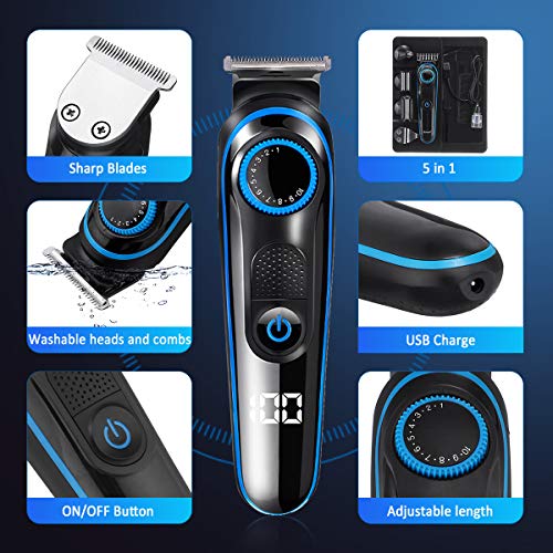 Maquina Cortapelo Profesional para Hombres- GLAMADOR 5 en 1 Recortadora de Barba Eléctrica Inalámbrica-Recortadora Pelo Hombre USB Recargable, Precisión Impermeable, Pantalla LED