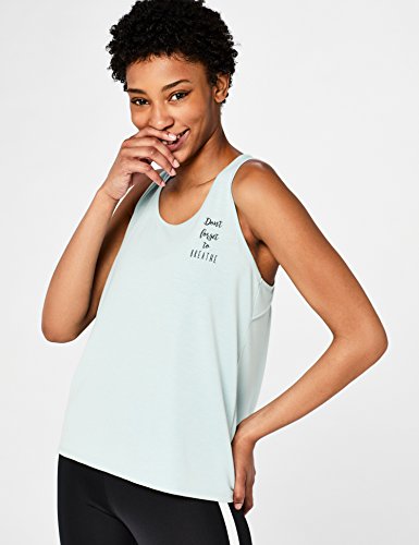 Marca Amazon - AURIQUE Camiseta Yoga con Eslogan y Abertura en la Espalda Mujer, Azul (Ether), 44, Label:XL