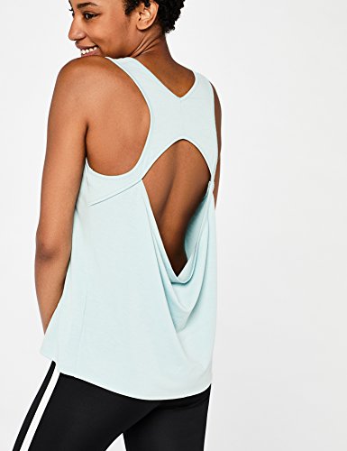 Marca Amazon - AURIQUE Camiseta Yoga con Eslogan y Abertura en la Espalda Mujer, Azul (Ether), 44, Label:XL