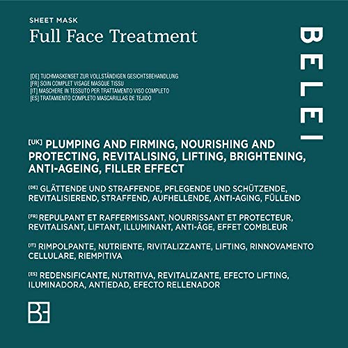Marca Amazon - Belei - Tratamiento facial completo mascarillas de tejido (1x reafirmante, 1x nutritiva, 1x revitalizante, 1x efecto lifting, 1x iluminadora, 1x antiedad, 1x rellenador), 7 Unidades