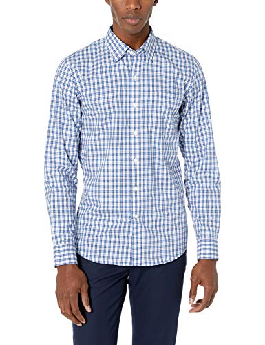 Marca Amazon - Goodthreads - Camisa cómoda de popelín elástico con manga larga, corte entallado, y de cuidado fácil, para hombre, Denim Blue Check, US XL (EU XL - XXL)