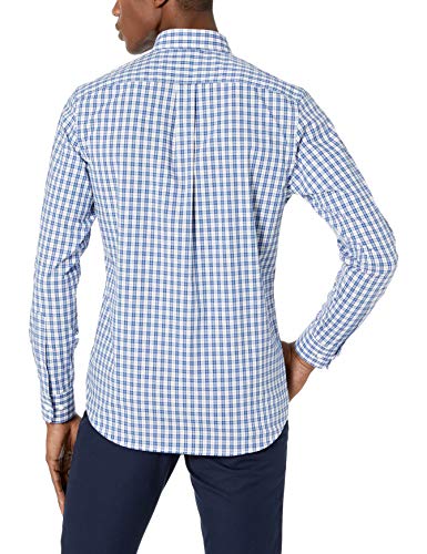 Marca Amazon - Goodthreads - Camisa cómoda de popelín elástico con manga larga, corte entallado, y de cuidado fácil, para hombre, Denim Blue Check, US XL (EU XL - XXL)