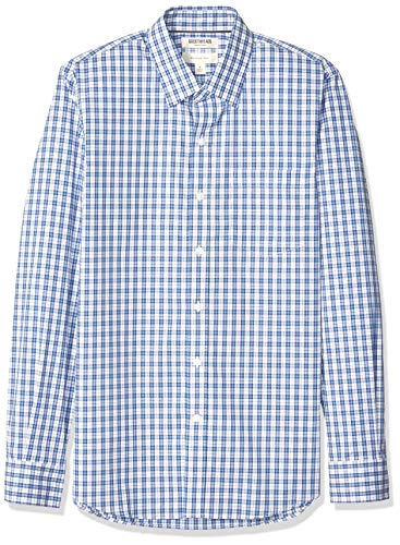 Marca Amazon - Goodthreads - Camisa cómoda de popelín elástico con manga larga, corte entallado, y de cuidado fácil, para hombre, Denim Blue Check, US XL (EU XL - XXL)