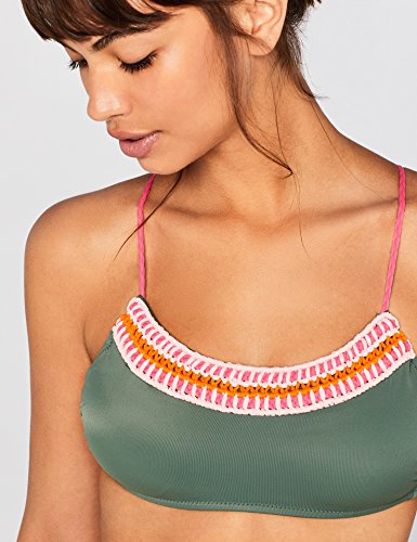 Marca Amazon - IRIS & LILLY Top de Bikini Crochet Mujer, Verde (Olive/Starlet Pink/Fandango Pink), L, Label: L