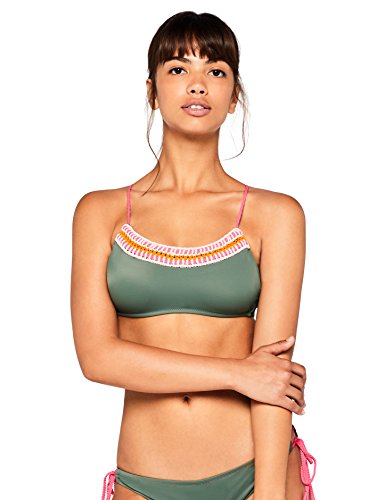 Marca Amazon - IRIS & LILLY Top de Bikini Crochet Mujer, Verde (Olive/Starlet Pink/Fandango Pink), L, Label: L