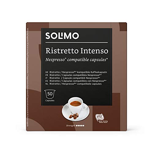 Marca Amazon - Solimo Cápsulas Ristretto Intenso, compatibles con Nespresso - café certificado UTZ, 100 cápsulas (2 x 50)