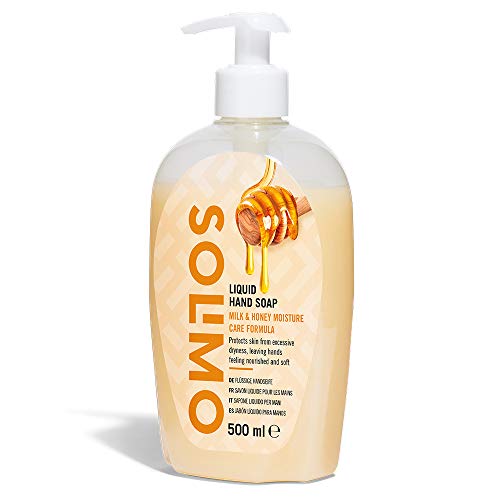 Marca Amazon - Solimo Jabón líquido para manos. Fórmula cuidado hidratante a la leche y miel- Paquete de 4 (4 Botellas x 500ml)