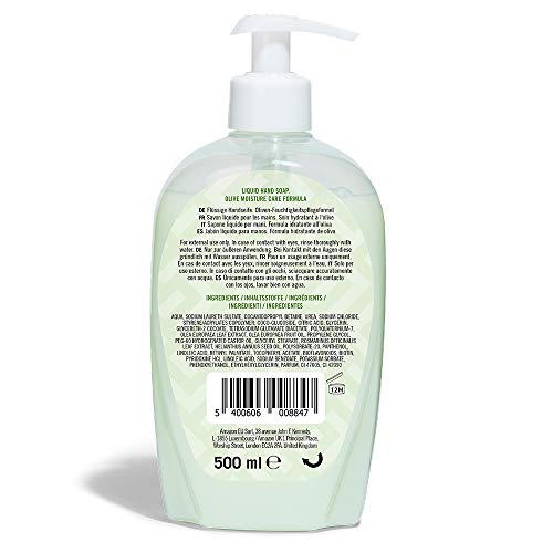 Marca Amazon - Solimo Jabón líquido para manos. Fórmula hidratante de oliva- Paquete de 4 (4 Botellas x 500ml)