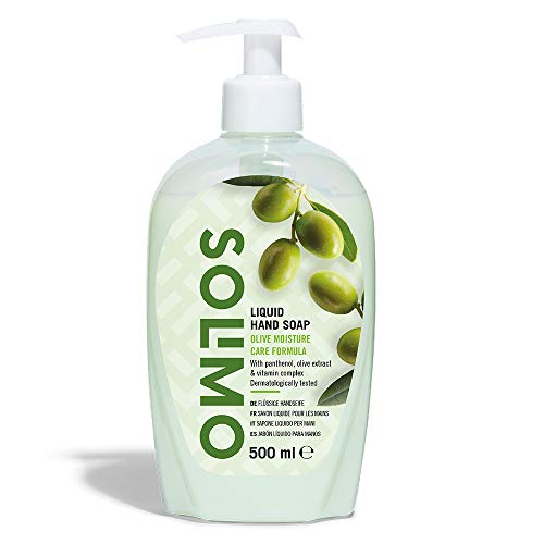Marca Amazon - Solimo Jabón líquido para manos. Fórmula hidratante de oliva- Paquete de 4 (4 Botellas x 500ml)