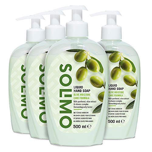 Marca Amazon - Solimo Jabón líquido para manos. Fórmula hidratante de oliva- Paquete de 4 (4 Botellas x 500ml)