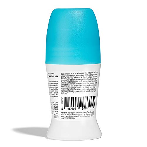 Marca Amazon - Solimo Roll-on antitranspirante, protección activa, con perfume de algodón recién lavado, unisex, Paquete de 6 (6 x 50 ml)