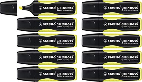 Marcador fluorescente ecológico STABILO GREEN BOSS - Fabricado en un 83% con plásticos reciclados - Caja con 10 unidades - Color amarillo