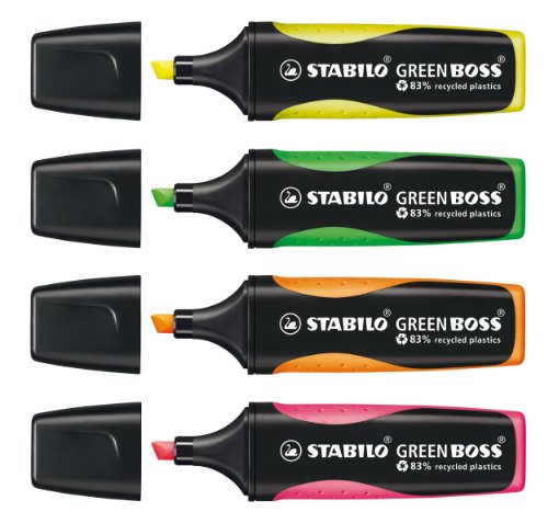 Marcador fluorescente ecológico STABILO GREEN BOSS - Fabricado en un 83% con plásticos reciclados - Set de mesa con 4 colores y block notas adhesivas