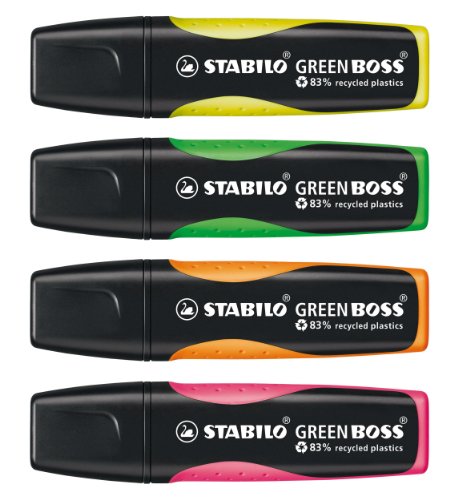 Marcador fluorescente ecológico STABILO GREEN BOSS - Fabricado en un 83% con plásticos reciclados - Set de mesa con 4 colores y block notas adhesivas