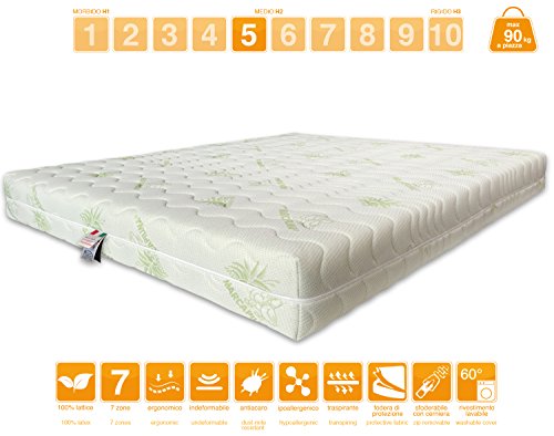 Marcapiuma - Colchón Látex Matrimonio 150x190 Alto 18 cm - SEVENLIFE 18 - H2 Medio/Blando - 7 Zonas Ergonómico Antiácaros Antialérgico - Funda desenfundable Aloe Vera - 100% Fabricado en Italia