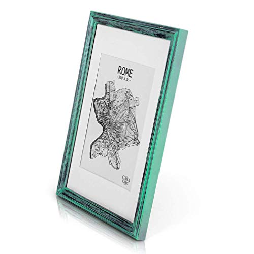 Marco de Fotos Vintage A4 con Paspartú para Foto de 15 x 20 cm - Shabby Chic Originales - Madera de Pino - 1 Marco - Anchura del Marco 2 cm - Frente de Cristal Templado - Color Turquesa y Plata